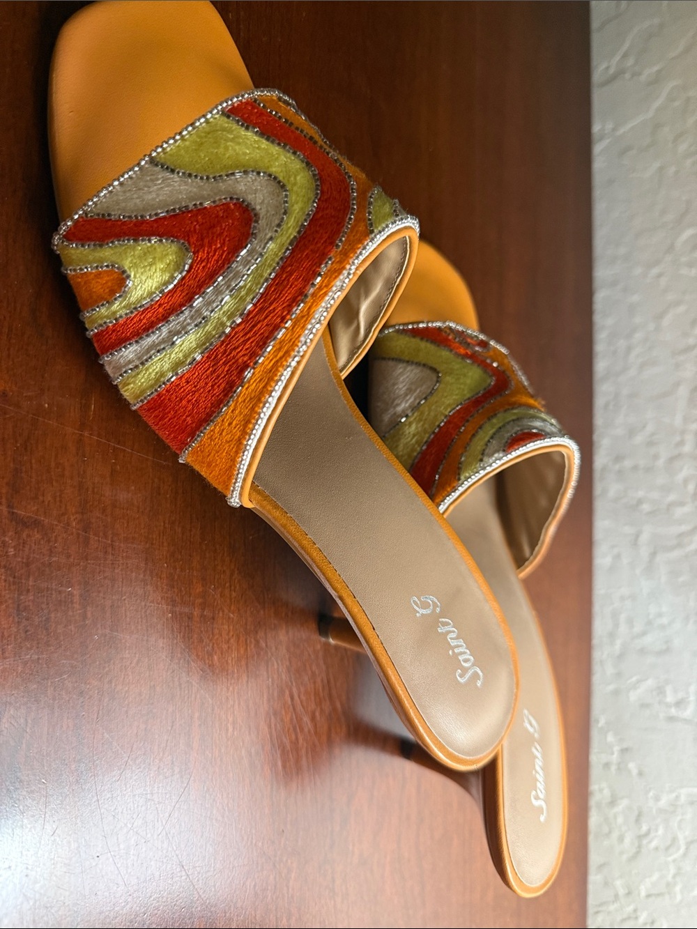 Embroidered Orange Multi-Tone Slide Heels